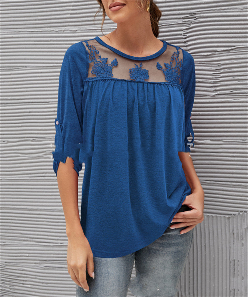 Women's Long Sleeve Lace Pleated Top