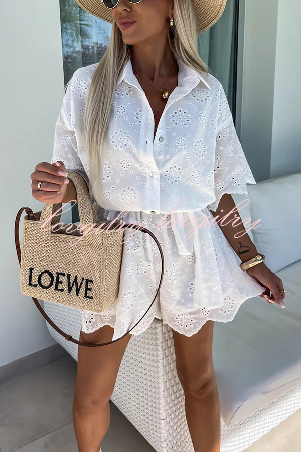 Elegant and Chic Embroidered Lace Flowers Button Up Belted Loose Shirt Romper