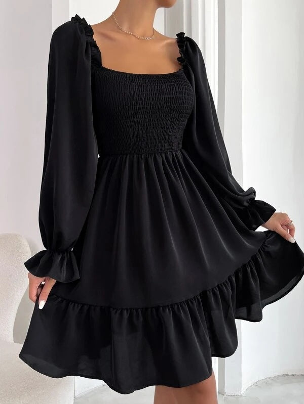 Women's Square Neck Flared with Ruffled Long Sleeves Dress