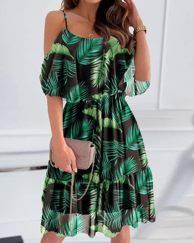 Flower Printed Summer V-neck Stitching Off-the-shoulder Strap Dress