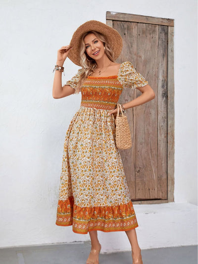 Bohemian Square Collar Puff Sleeve Printed Women's Dress