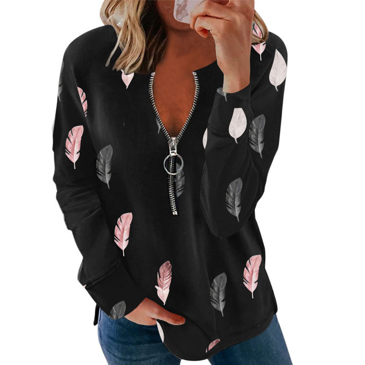 Women's V-neck Feather Print Long Sleeve T-shirt