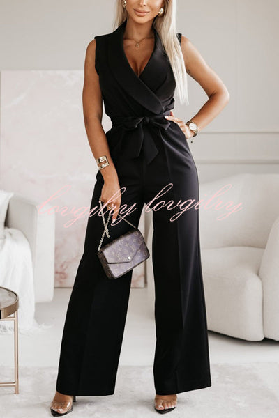 Make Your Entrance Lapel Belt Pocketed Wide Leg Formal Jumpsuit