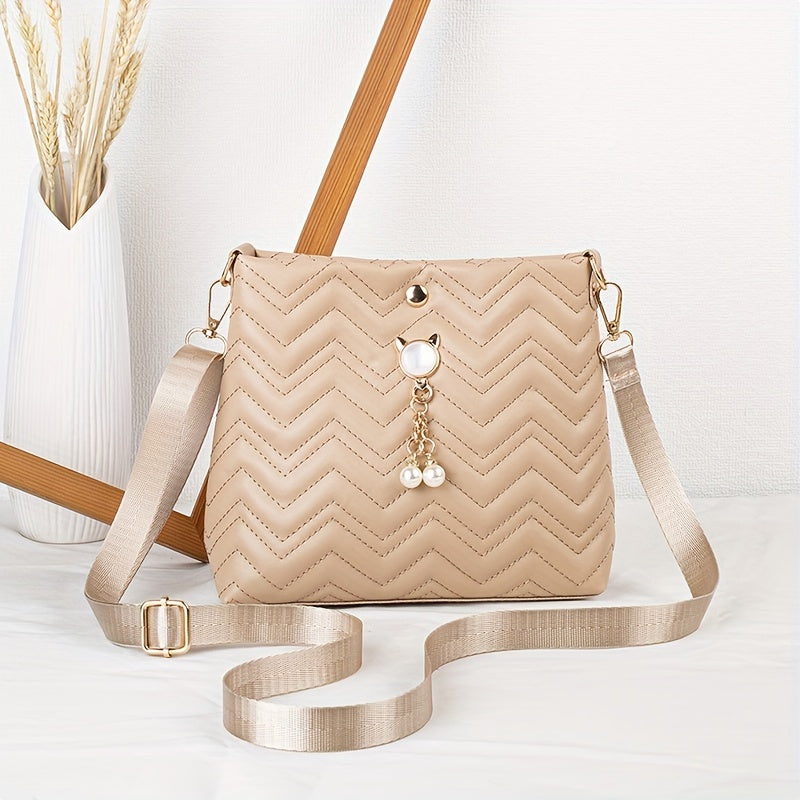 Wave Quilted Bucket Bag - Mini Crossbody, Trendy Shoulder Handbag