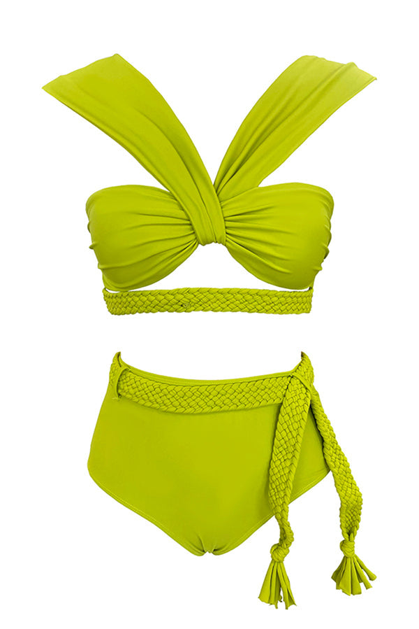 Solid Color Braided Rope High Waist Stretch Two-piece Bikini Swimsuit