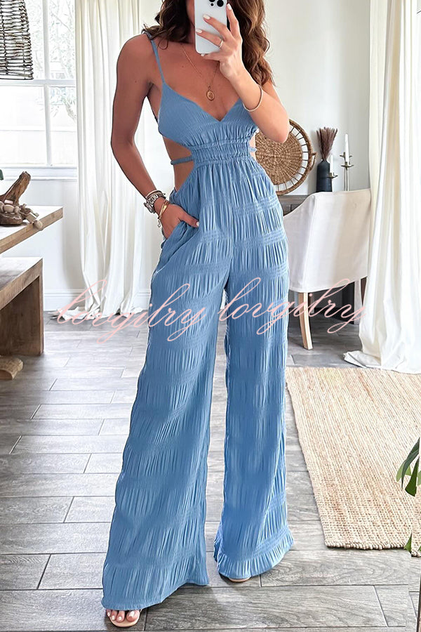 Summer Vacay Style Crinkle Fabric Cut Out Elastic Waist Pocket Backless Jumpsuit