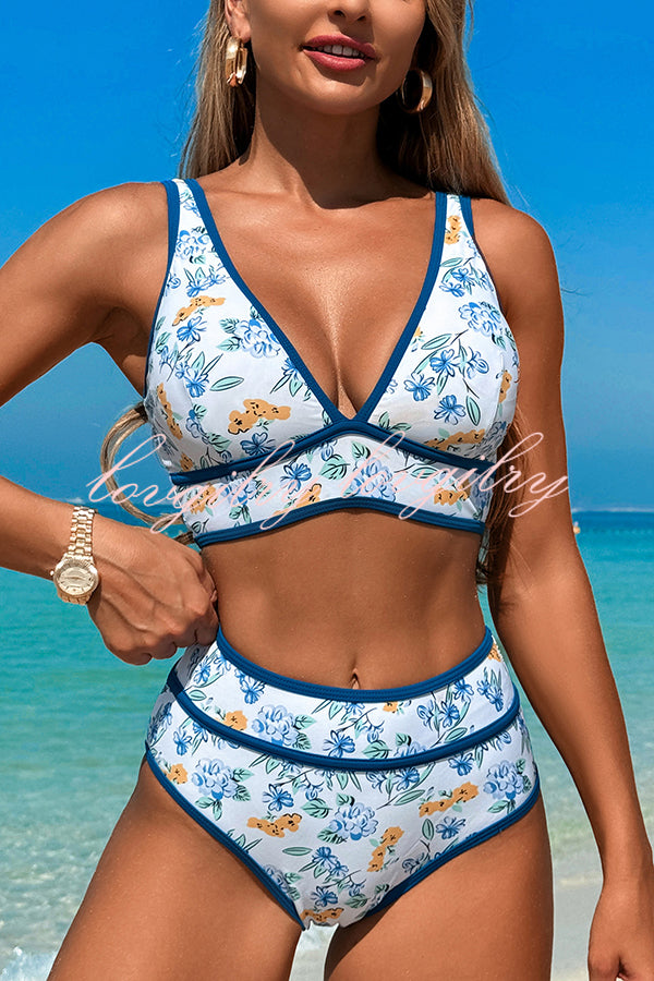 Solid Color Contrast High Waist Stretch Bikini Swimsuit