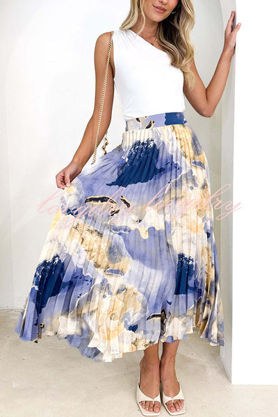 Abstract Art Paint Print Stretch Waist Pleated Skirts