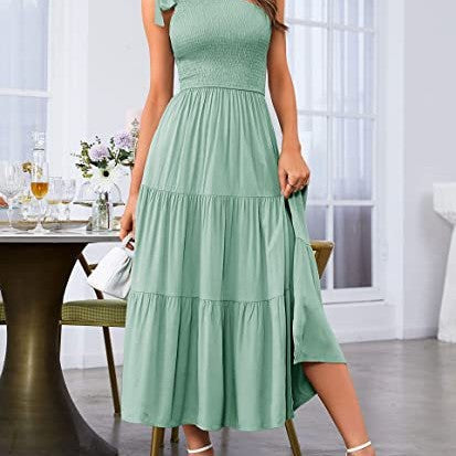 Summer Fashion Women's One-shoulder Pleated Layered Hem Split Dress