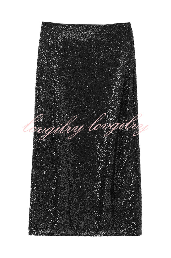 Crushing on You Sequin High Rise Wrap Tie-up Slit Midi Skirt