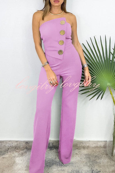 Solid Color Sexy Tube Top Gold Button Embellished Bootcut Jumpsuit