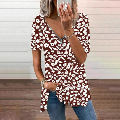 Women's V-neck Zipper Loose Floral T-shirt