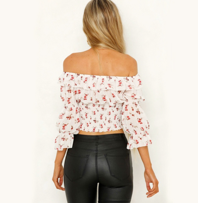 One-neck pleated short-sleeved printed tube top