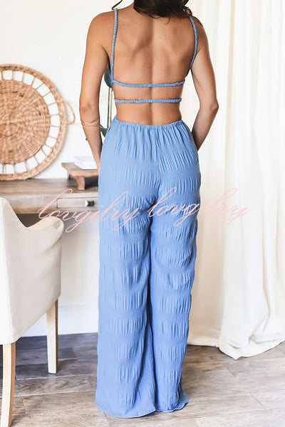 Summer Vacay Style Crinkle Fabric Cut Out Elastic Waist Pocket Backless Jumpsuit