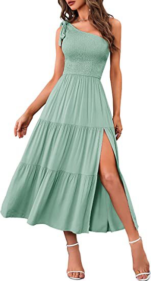 Summer Fashion Women's One-shoulder Pleated Layered Hem Split Dress