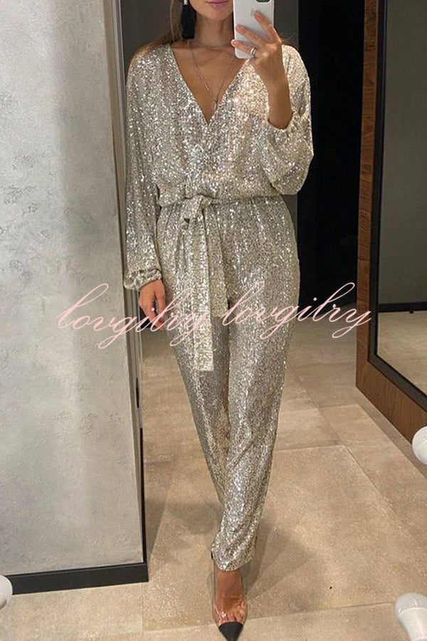 Cheers To You Sequin Long Sleeve Belted Wrap Loose Jumpsuit