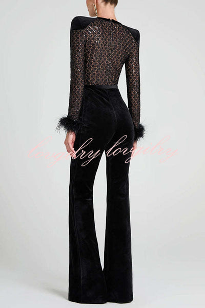 Monique Fish Scale Lace Sequin Velvet Patchwork Feather Trim Belted Stretch Flare Jumpsuit