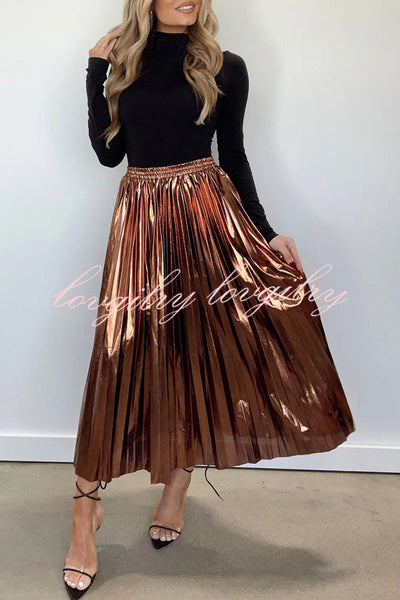 Yuletide Glow  Metallic Fabric Pleated Elastic Waist Midi Skirt