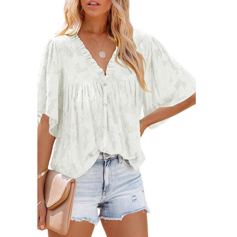 V-neck Cardigan Five-point Mid-sleeve Chiffon Shirt Print Top