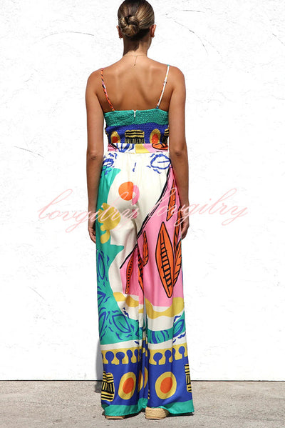 Unique Printed Back Pleated Suspenders Loose Pocket Wide-leg Jumpsuit