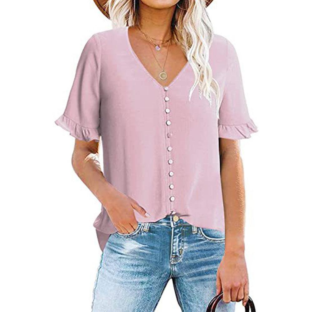 Women's Ruffle V-Neck Button-Down Shirt