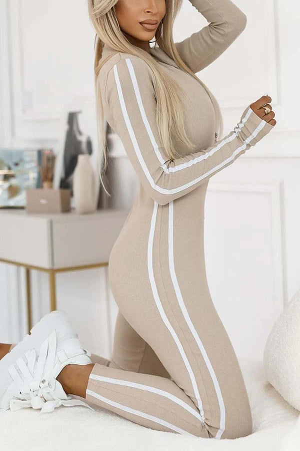 Sexy Slim-fitting Long-sleeved Striped Half-zip Jumpsuit