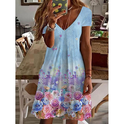 Women's V-Neck Fashion Print Loose Dress