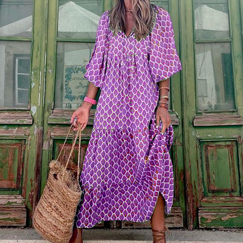 Vintage Printed Bohemian Dress Loose V-Neck Half Sleeve Maxi Dresses