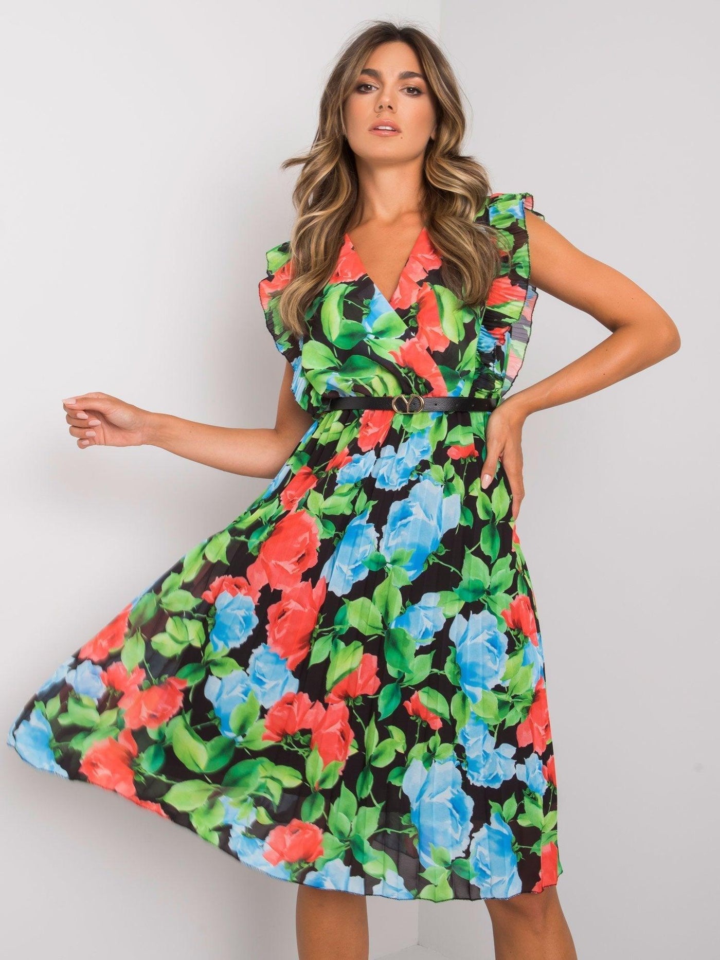 V-Neck Ruffle Sleeveless Flower Dress