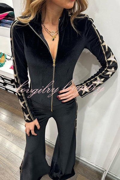 Star-print Velvet Patchwork Zipped Wide-leg Jumpsuit