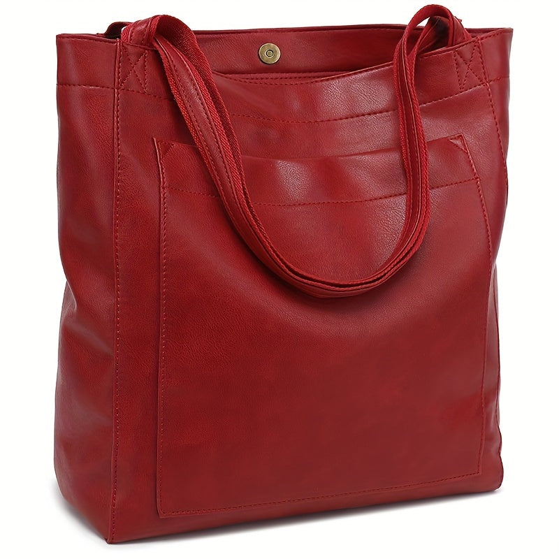 Retro Solid Color Tote Bag - Oil Leather PU, Multi-Pocket Shoulder Bag