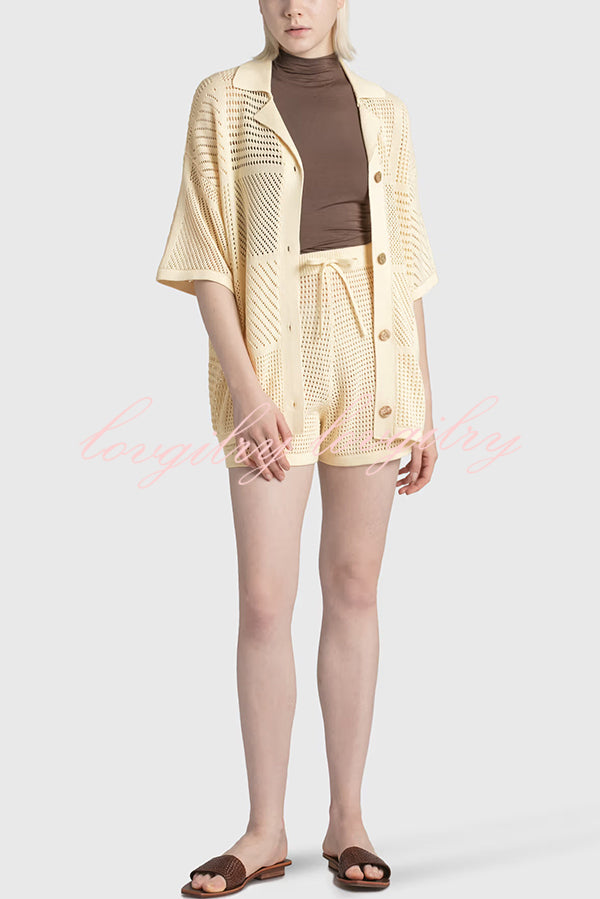 Casual Knitted Hollow Shirt Top and Elastic Waist Tie Loose Shorts Set