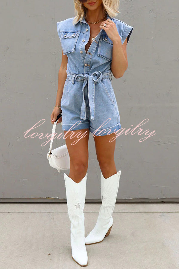 District Utility Denim Button Up Pocket Belted Romper