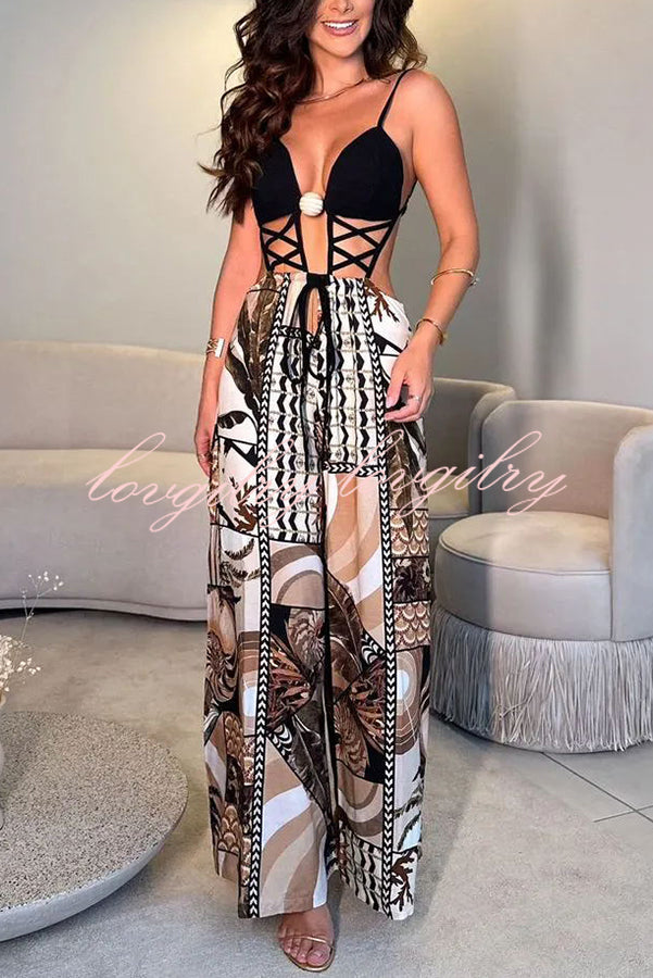 Tulum Dreaming Strap Cross Design Patchwork Printed Elastic Waist Backless Jumpsuit