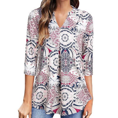 Flowers Print Tops V Neck Long Sleeve Blouse