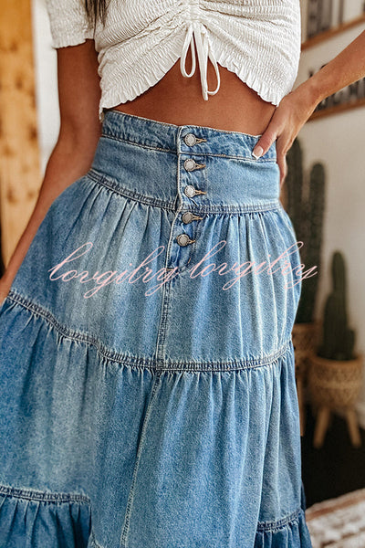 Bohemian High Rise Button Up Loose Denim Pocket Maxi Skirt