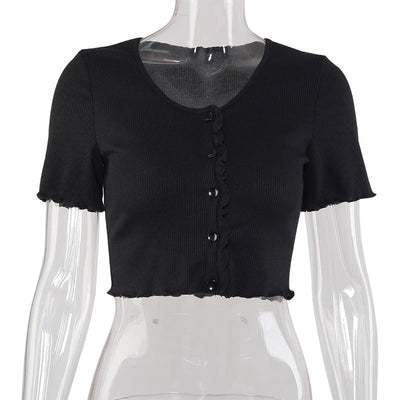 V-Neck Ruffles Short Sleeve Button Crop Top T-Shirt