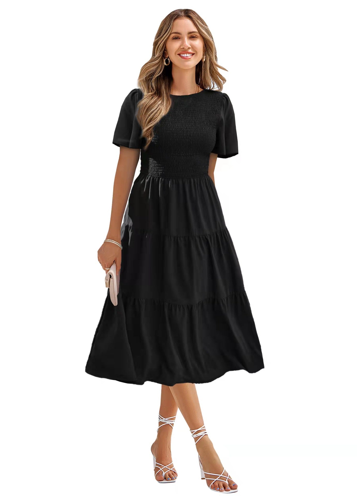 Women's Round Neck Smocked Short Sleeve Casual Dress