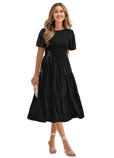 Women's Round Neck Smocked Short Sleeve Casual Dress