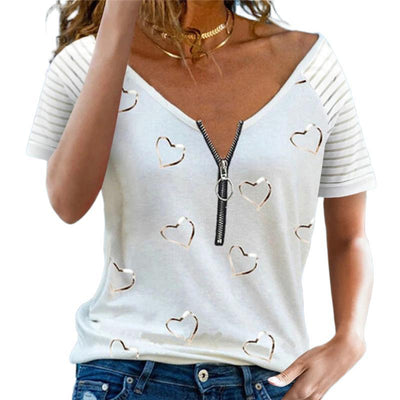 Printed V-Neck Zipper Casual Short-Sleeved Top T-Shirt