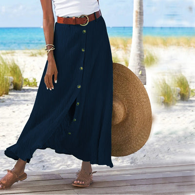 Women's Cotton Linen A-Line Hip Mid Waist Long Skirt