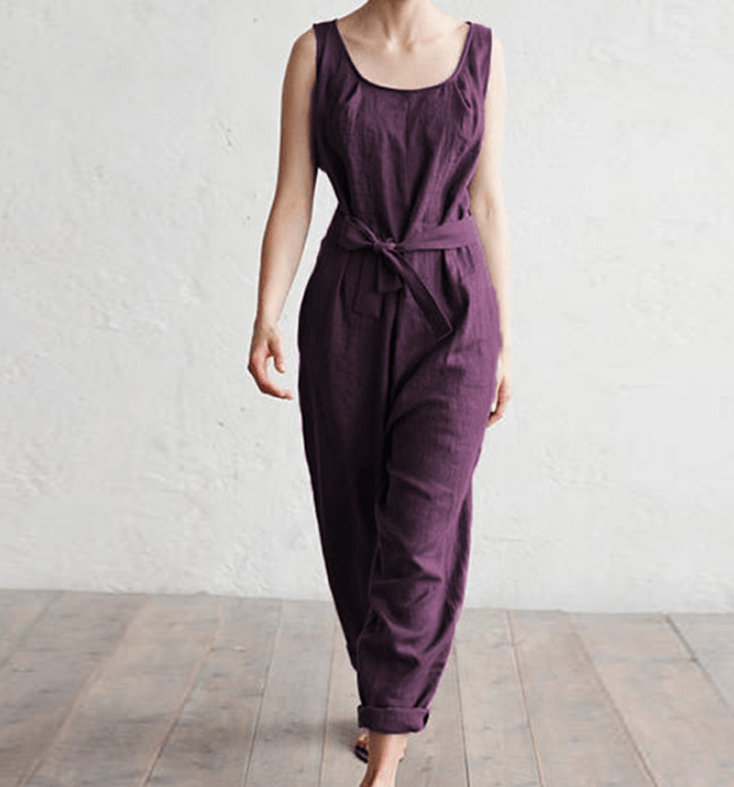 Sleeveless high waist belt cotton casual jumpsuit