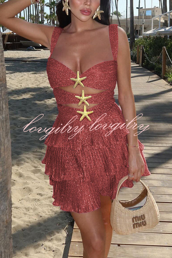 Little Mermaid Glitter Fabric Metal Starfish Hollow Layered Stretch One-piece Swimsuit