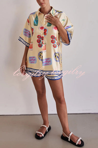 Kai Satin Unique Print Short Sleeve Shirt and Elastic Waist Drawstring Pocket Shorts Set