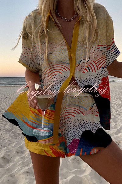 Colorful Cloud Print Loose Button Elastic Waist Shorts Set