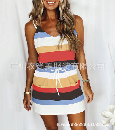 Stripe Drawstring Loose Sleeveless Dress