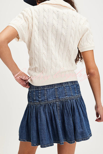 Solid Color Elastic Waist Button Tie Denim Mini Skirt