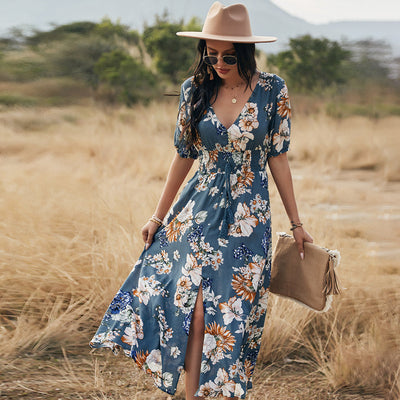 Floral Summer V-Neck Elastic Waist Dresses