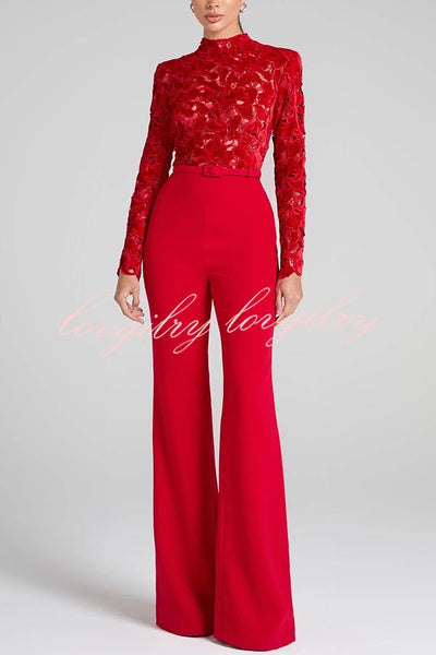 Eleanor Embroidered Floral Lace Long Sleeve Patchwork Belt Flare Jumpsuit