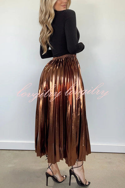 Yuletide Glow  Metallic Fabric Pleated Elastic Waist Midi Skirt